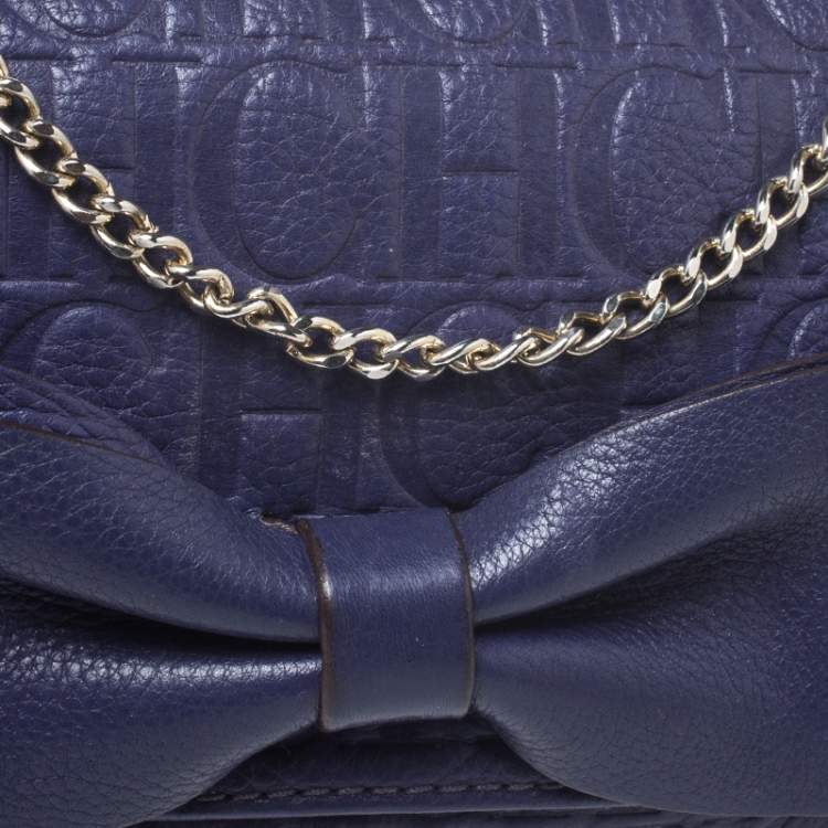 Pre Owned Carolina Herrera Purple Monogram Embossed Leather Bow Shoulder Bag