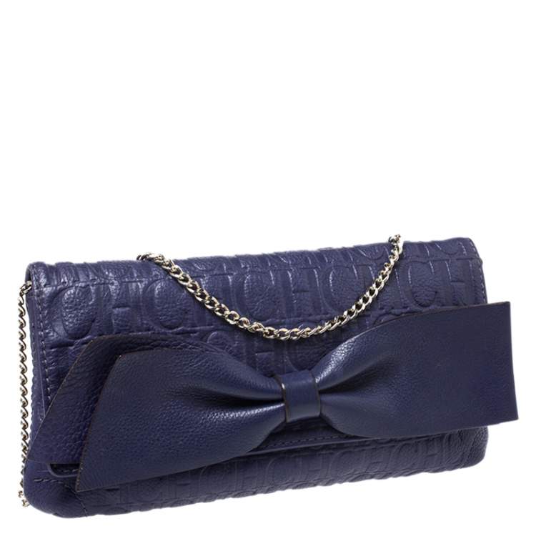 Pre Owned Carolina Herrera Purple Monogram Embossed Leather Bow Shoulder Bag