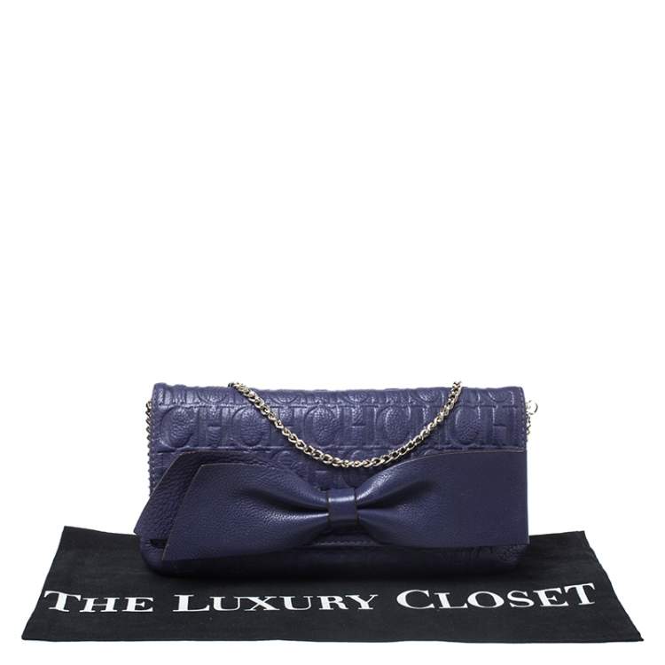 Pre Owned Carolina Herrera Purple Monogram Embossed Leather Bow Shoulder Bag