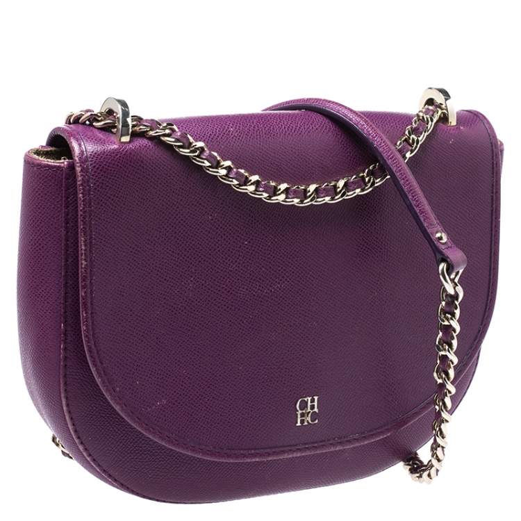 Pre Owned Carolina Herrera Purple Leather Flap Chain Shoulder Bag