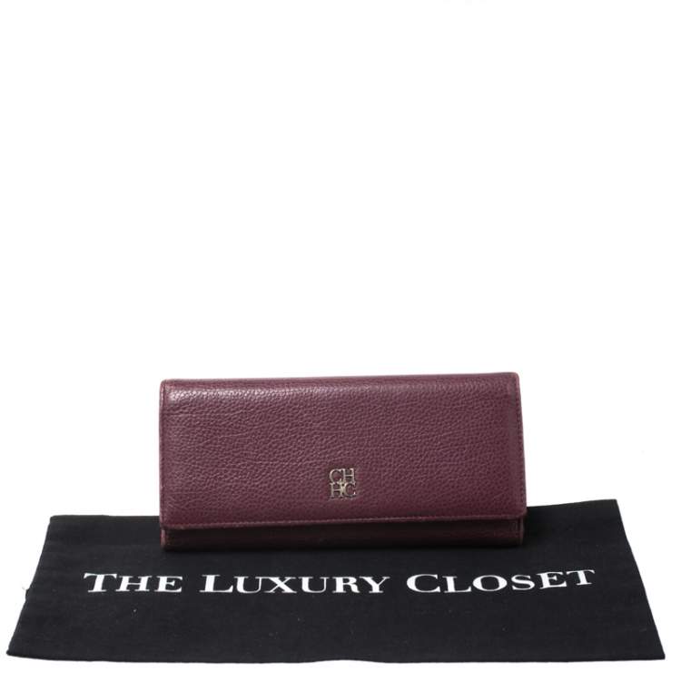 Pre Owned Carolina Herrera Burgundy Leather Long Trifold Wallet