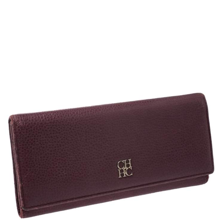 Pre Owned Carolina Herrera Burgundy Leather Long Trifold Wallet
