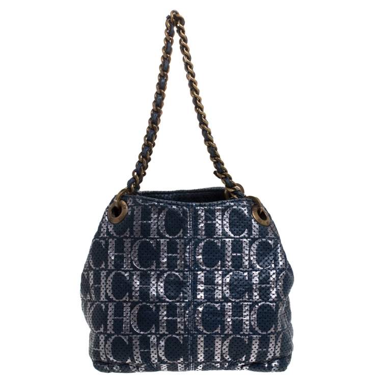 Pre Owned Carolina Herrera Blue Monogram Leather Chain Shoulder Bag