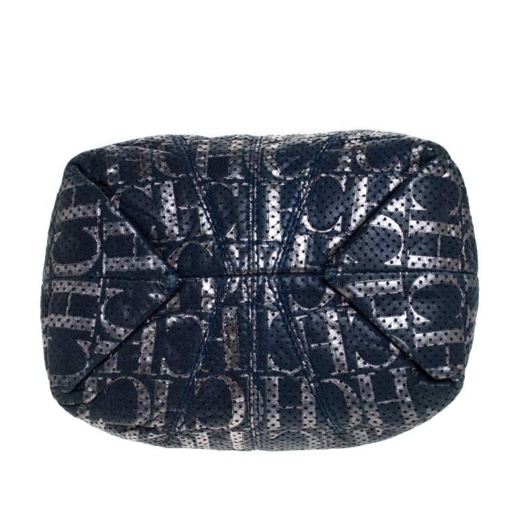 Pre Owned Carolina Herrera Blue Monogram Leather Chain Shoulder Bag