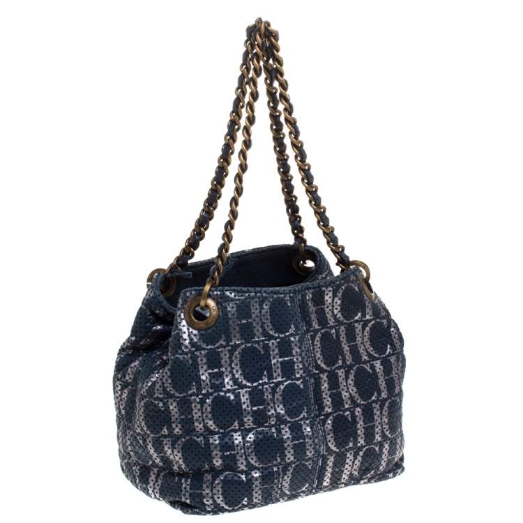 Pre Owned Carolina Herrera Blue Monogram Leather Chain Shoulder Bag