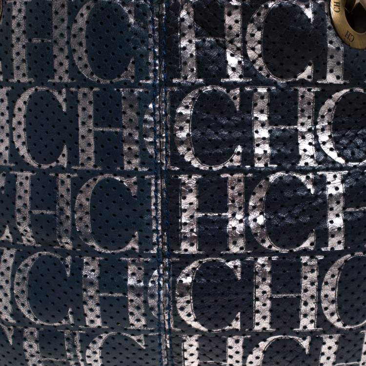 Pre Owned Carolina Herrera Blue Monogram Leather Chain Shoulder Bag