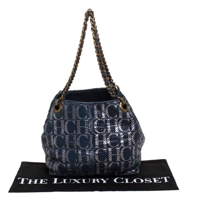Pre Owned Carolina Herrera Blue Monogram Leather Chain Shoulder Bag