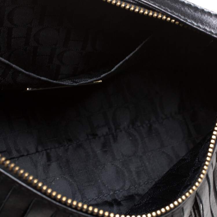 Pre Owned Carolina Herrera Black Leather Fringe Pochette Bag