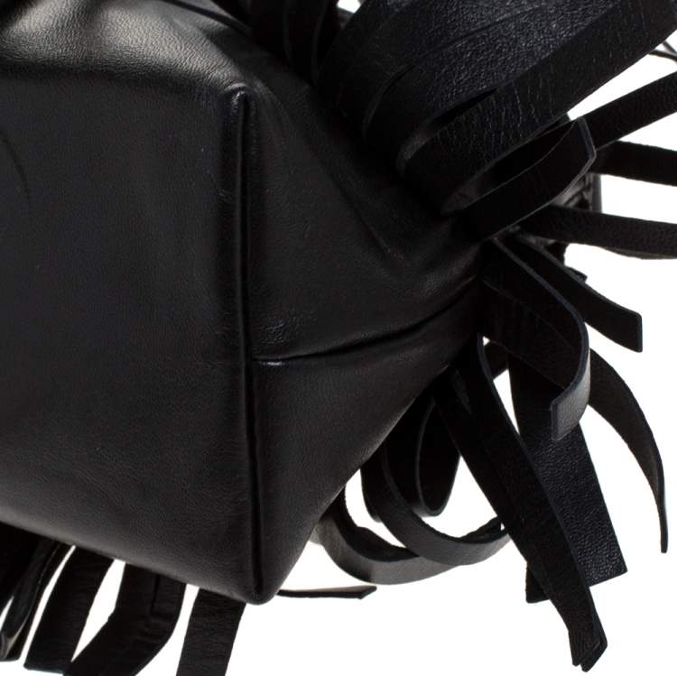 Pre Owned Carolina Herrera Black Leather Fringe Pochette Bag