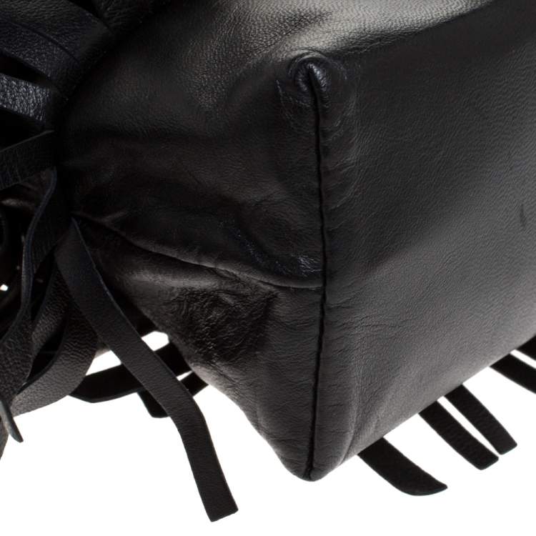 Pre Owned Carolina Herrera Black Leather Fringe Pochette Bag