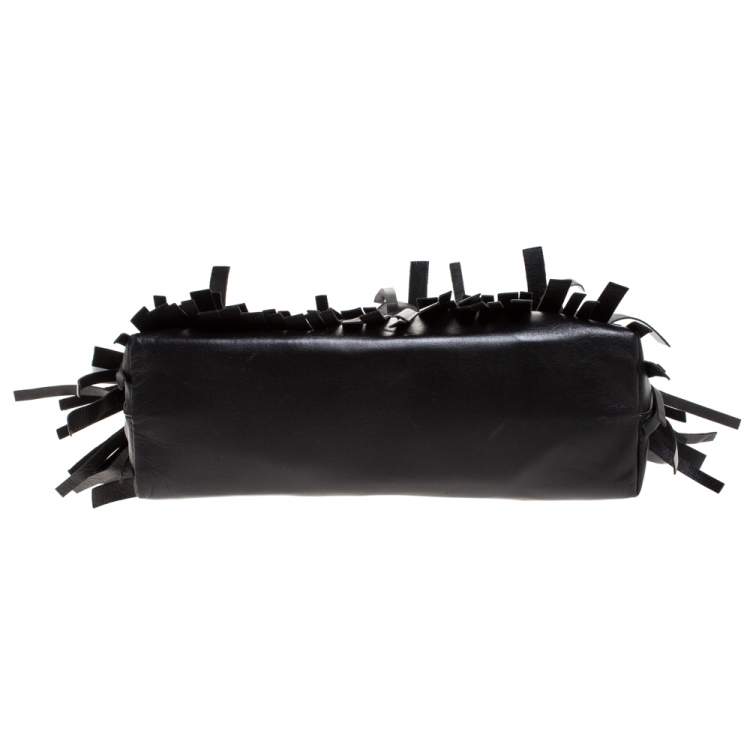 Pre Owned Carolina Herrera Black Leather Fringe Pochette Bag