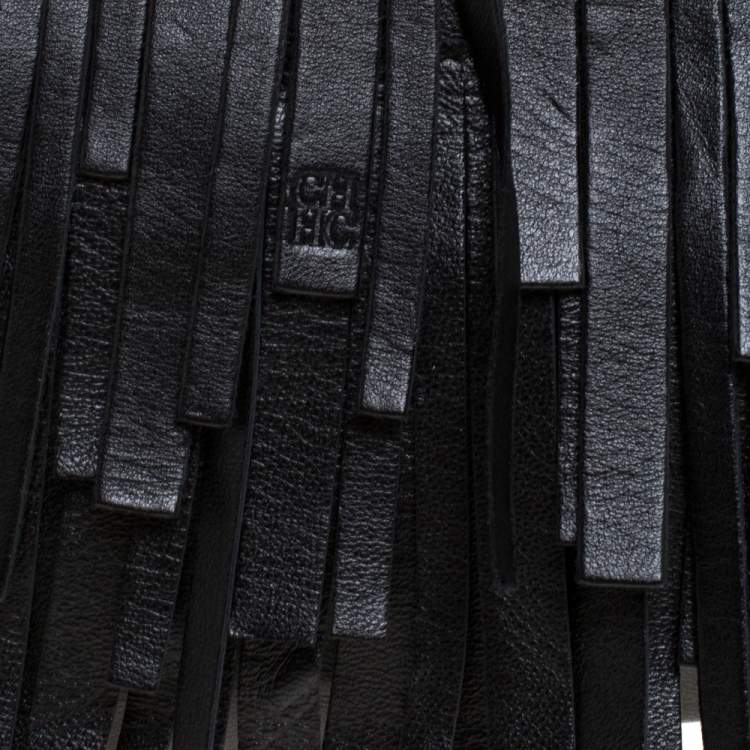Pre Owned Carolina Herrera Black Leather Fringe Pochette Bag