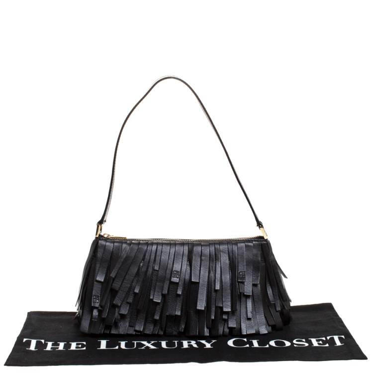 Pre Owned Carolina Herrera Black Leather Fringe Pochette Bag