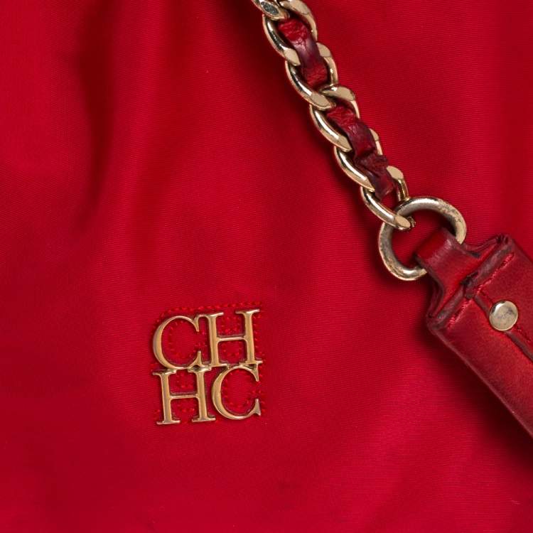 Pre Owned Carolina Herrera Red Nylon and Leather Bow Bucket Bag