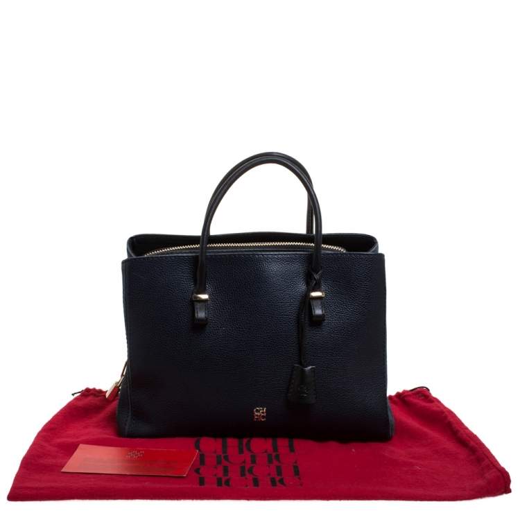 Pre Owned Carolina Herrera Navy Blue/Black Leather Zip Tote
