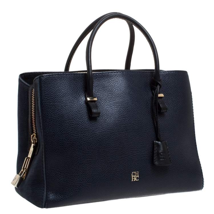 Pre Owned Carolina Herrera Navy Blue/Black Leather Zip Tote