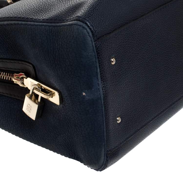 Pre Owned Carolina Herrera Navy Blue/Black Leather Zip Tote