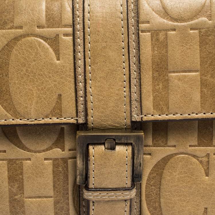 Pre Owned Carolina Herrera Beige Monogram Leather Buckle Flap Compact Wallet