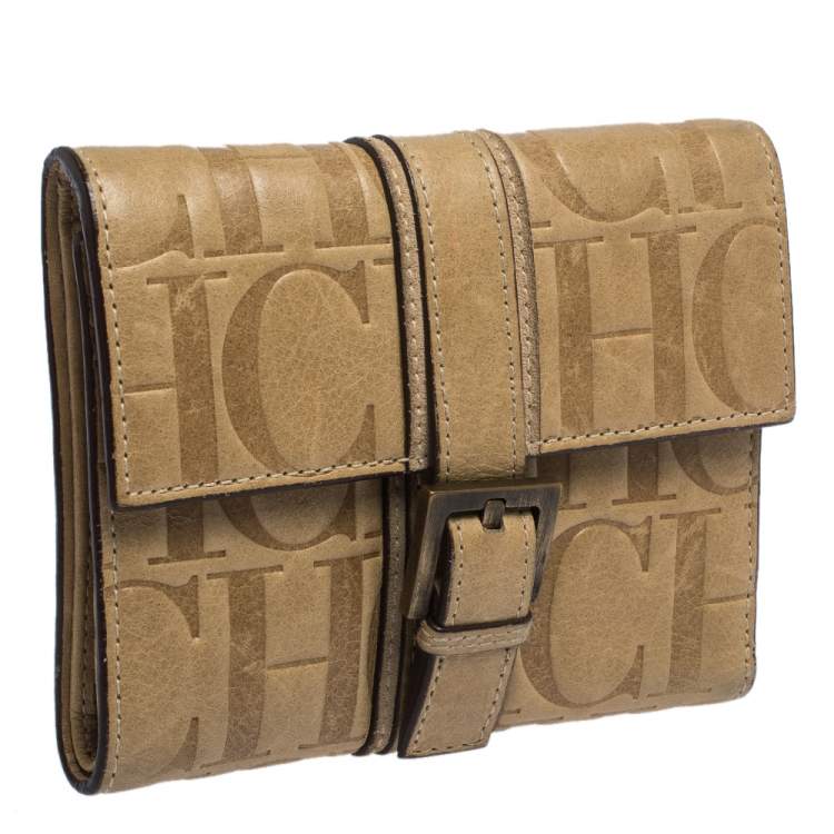 Pre Owned Carolina Herrera Beige Monogram Leather Buckle Flap Compact Wallet