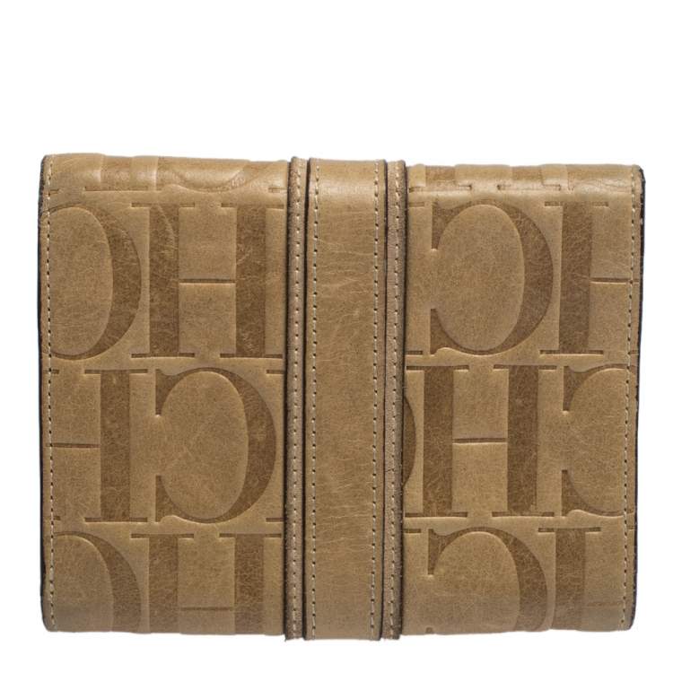 Pre Owned Carolina Herrera Beige Monogram Leather Buckle Flap Compact Wallet