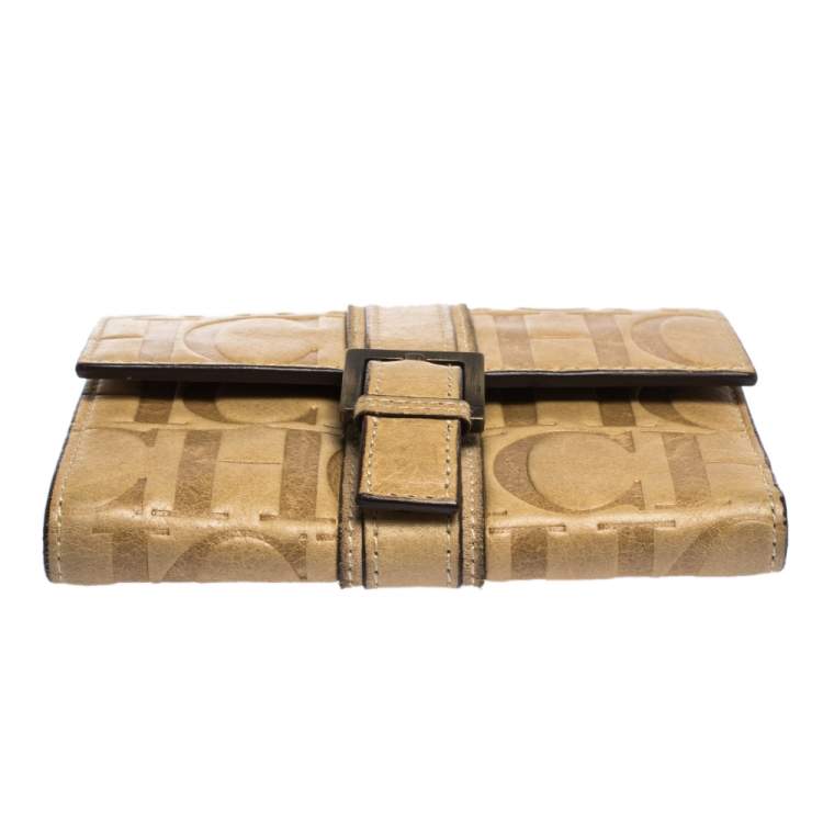 Pre Owned Carolina Herrera Beige Monogram Leather Buckle Flap Compact Wallet