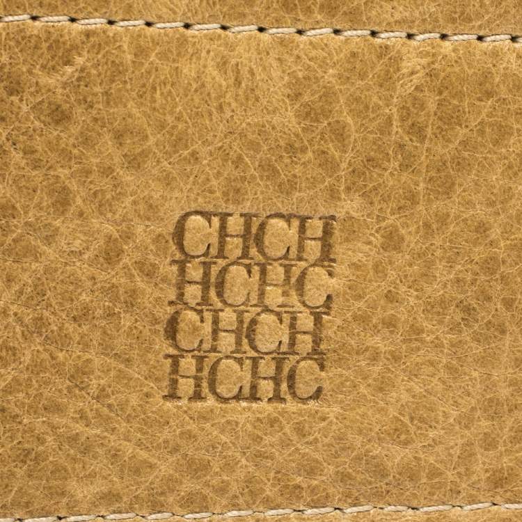 Pre Owned Carolina Herrera Beige Monogram Leather Buckle Flap Compact Wallet