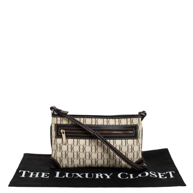 Pre Owned Carolina Herrera Black/Ivory Monogram Coated Canvas and Leather Crossbody Bag