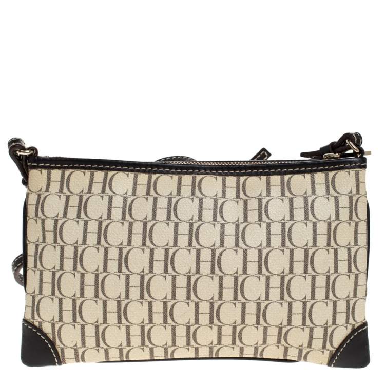Pre Owned Carolina Herrera Black/Ivory Monogram Coated Canvas and Leather Crossbody Bag