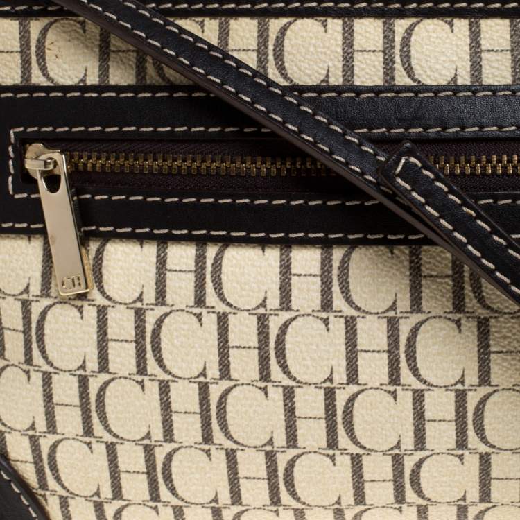 Pre Owned Carolina Herrera Black/Ivory Monogram Coated Canvas and Leather Crossbody Bag