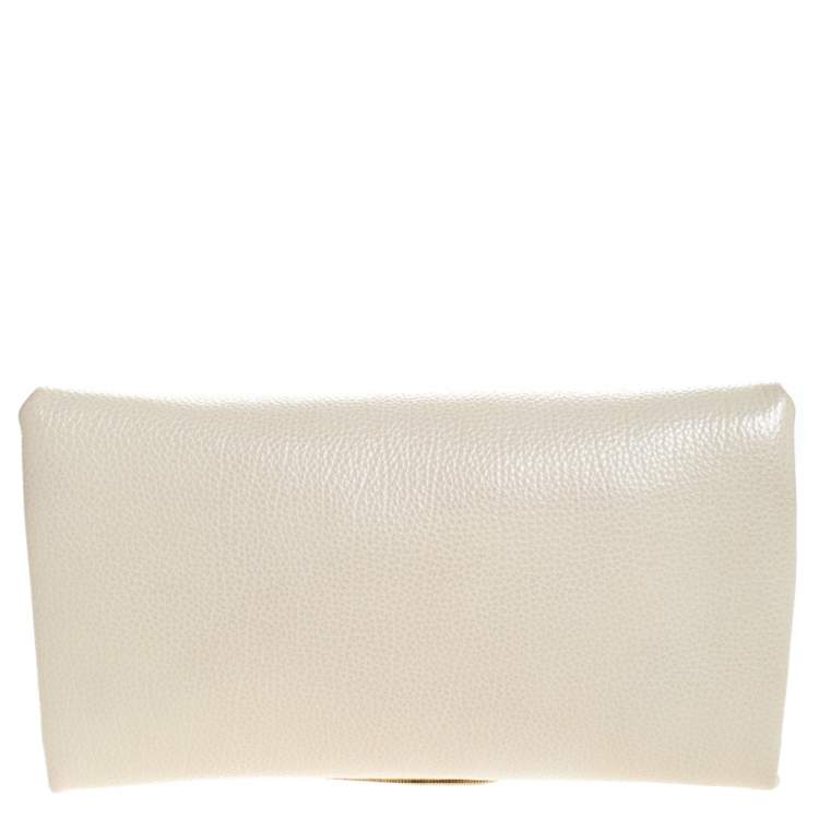 Pre Owned Carolina Herrera Light Cream Leather Flap Chain Clutch
