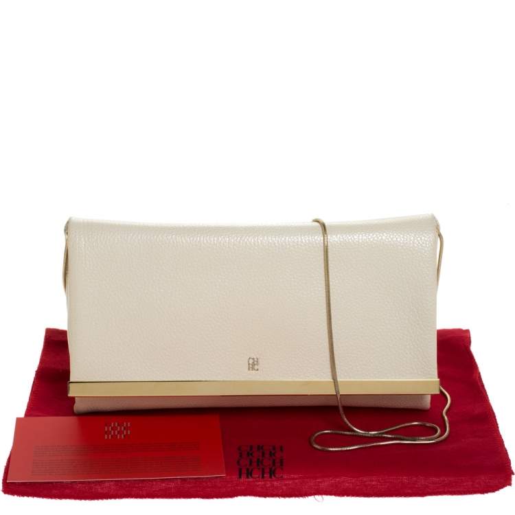 Pre Owned Carolina Herrera Light Cream Leather Flap Chain Clutch