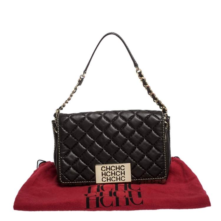 Pre Owned Carolina Herrera Dark Brown Quilted and Monogram Canvas and Leather Logo Flap Shoulder Bag