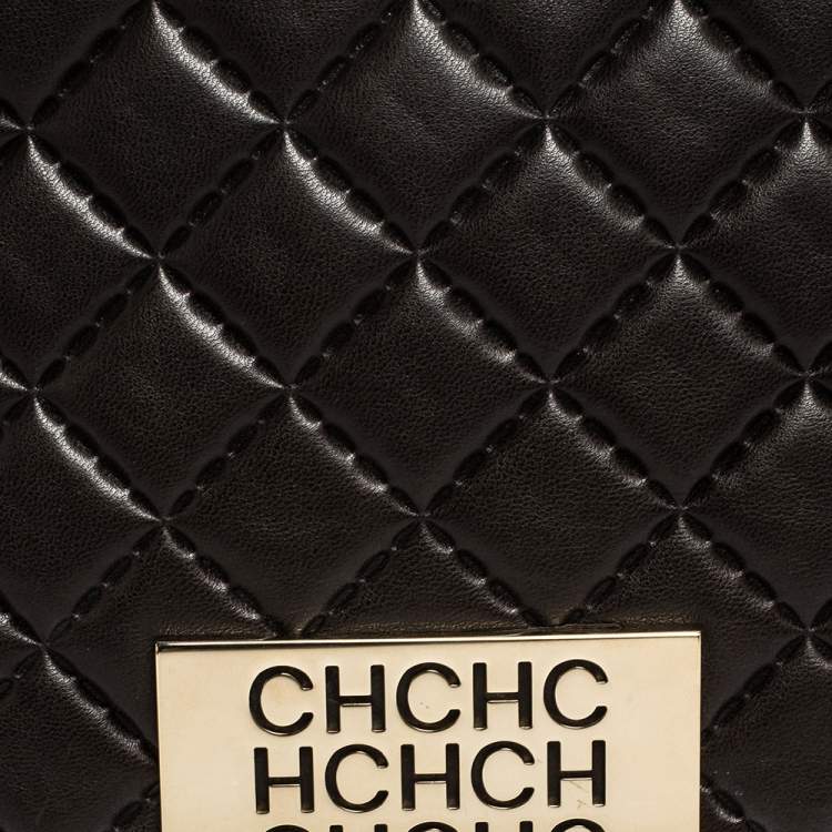 Pre Owned Carolina Herrera Dark Brown Quilted and Monogram Canvas and Leather Logo Flap Shoulder Bag