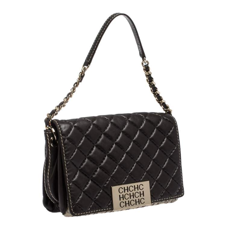 Pre Owned Carolina Herrera Dark Brown Quilted and Monogram Canvas and Leather Logo Flap Shoulder Bag
