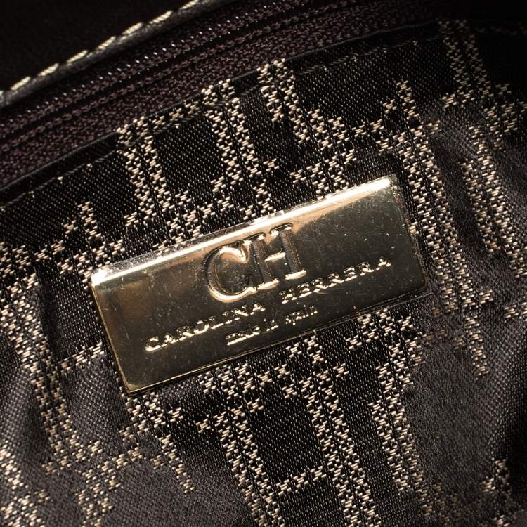 Pre Owned Carolina Herrera Dark Brown Quilted and Monogram Canvas and Leather Logo Flap Shoulder Bag