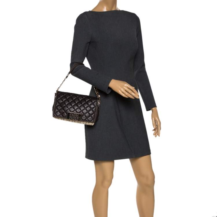 Pre Owned Carolina Herrera Dark Brown Quilted and Monogram Canvas and Leather Logo Flap Shoulder Bag