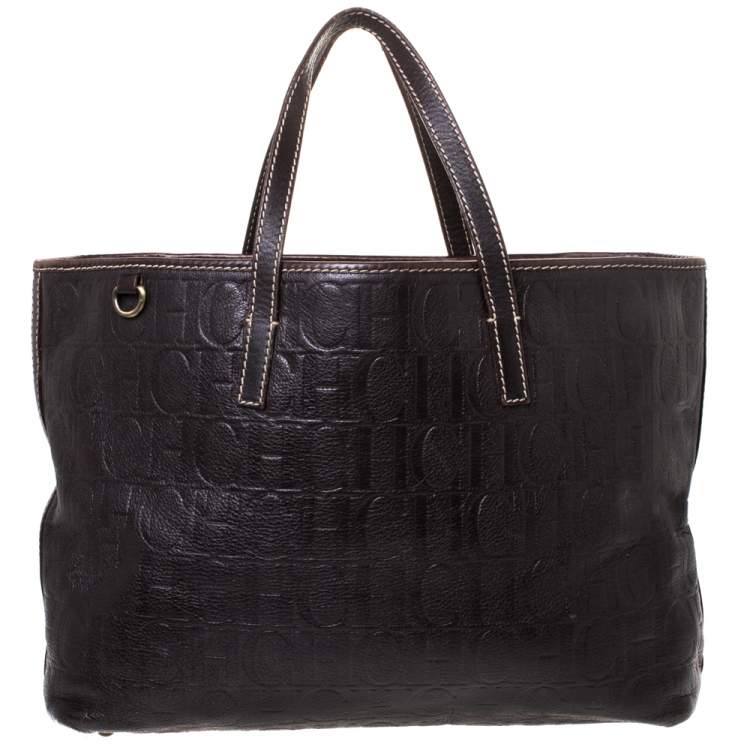 Pre Owned Carolina Herrera Dark Brown Monogram Leather Tote