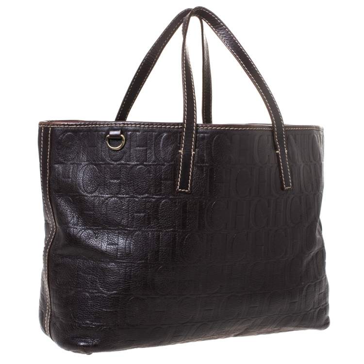 Pre Owned Carolina Herrera Dark Brown Monogram Leather Tote