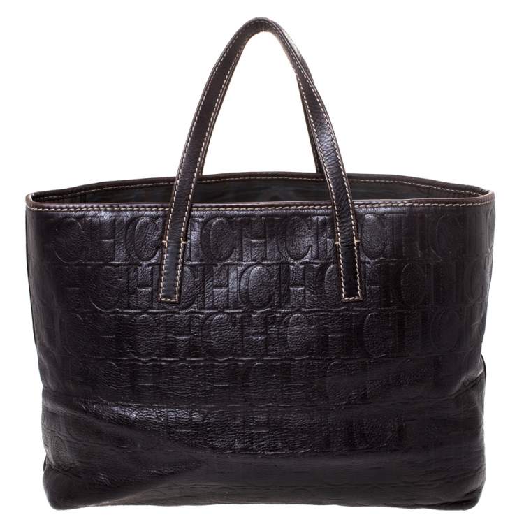 Pre Owned Carolina Herrera Dark Brown Monogram Leather Tote