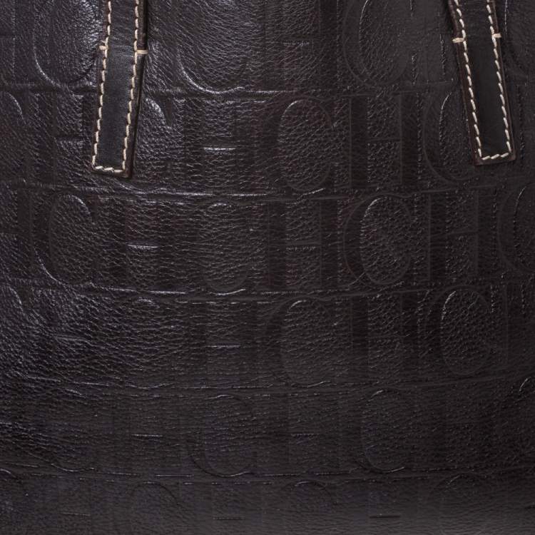 Pre Owned Carolina Herrera Dark Brown Monogram Leather Tote