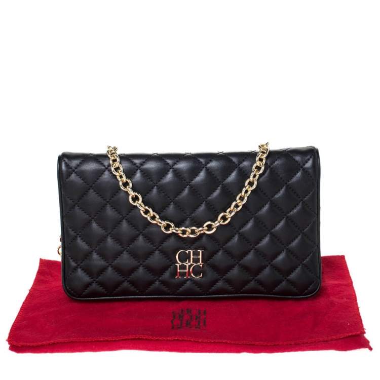 Pre Owned Carolina Herrera Black Quilted Leather Flap Chain Shoulder Bag