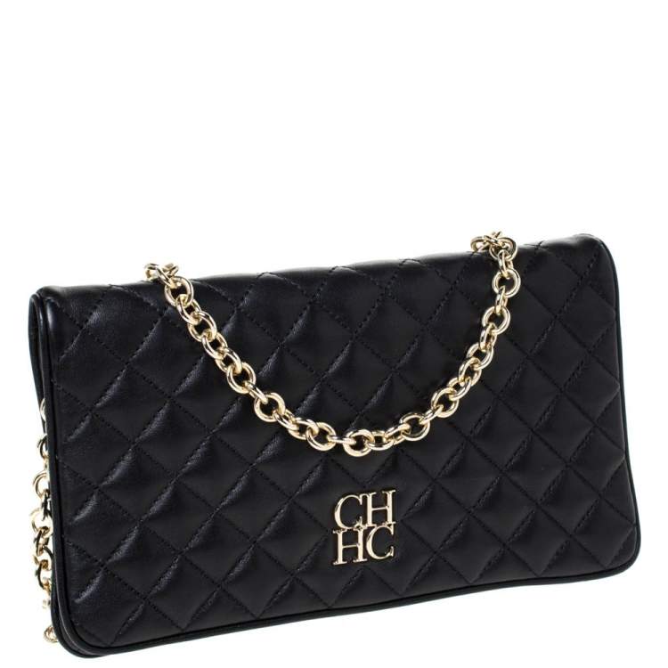 Pre Owned Carolina Herrera Black Quilted Leather Flap Chain Shoulder Bag