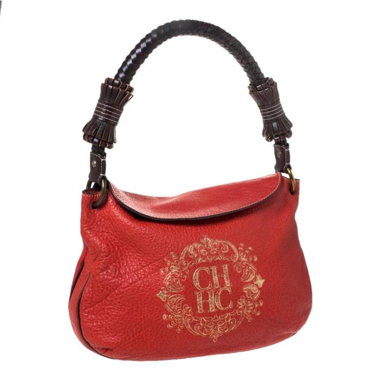 Pre Owned Carolina Herrera Orange/Brown logo Leather Braided Handle Hobo