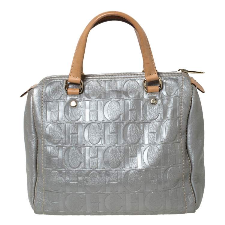 Pre Owned Carolina Herrera Metallic Silver Monogram Embossed Leather Andy Boston Bag