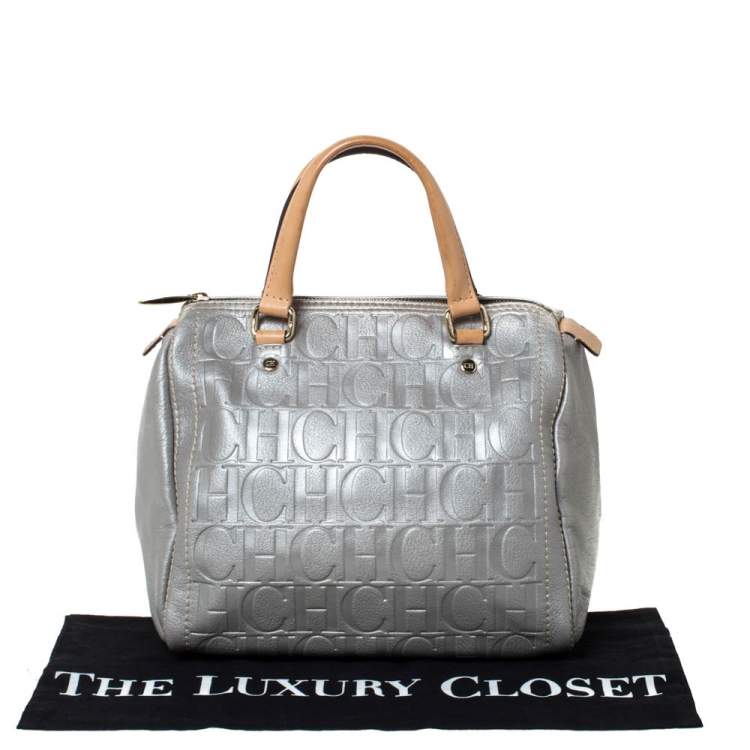 Pre Owned Carolina Herrera Metallic Silver Monogram Embossed Leather Andy Boston Bag
