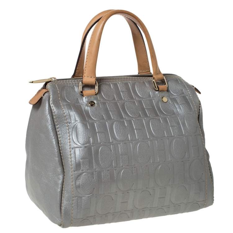 Pre Owned Carolina Herrera Metallic Silver Monogram Embossed Leather Andy Boston Bag