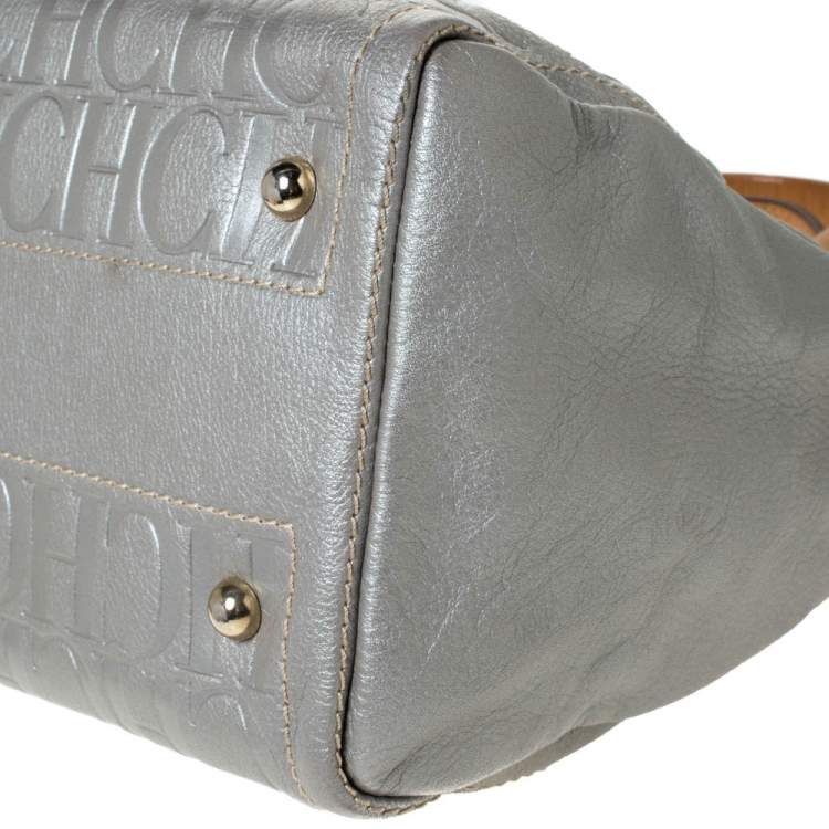 Pre Owned Carolina Herrera Metallic Silver Monogram Embossed Leather Andy Boston Bag