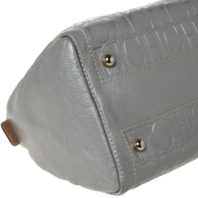 Pre Owned Carolina Herrera Metallic Silver Monogram Embossed Leather Andy Boston Bag
