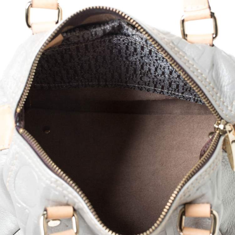 Pre Owned Carolina Herrera Metallic Silver Monogram Embossed Leather Andy Boston Bag