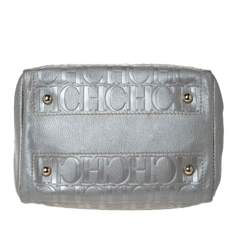 Pre Owned Carolina Herrera Metallic Silver Monogram Embossed Leather Andy Boston Bag